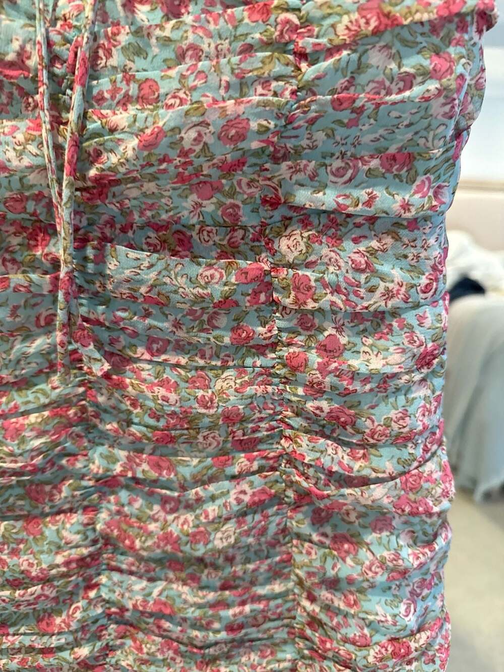 ASTR The Label Teal Pink Floral Ruched Off-Shoulder Mini Dress (44) - Picture 4 of 7